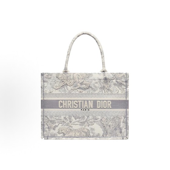 DIOR迪奥 BookTote 印花⽼⻁图案 刺绣帆布 ⼿提包 中号 ⼥款 灰⾊